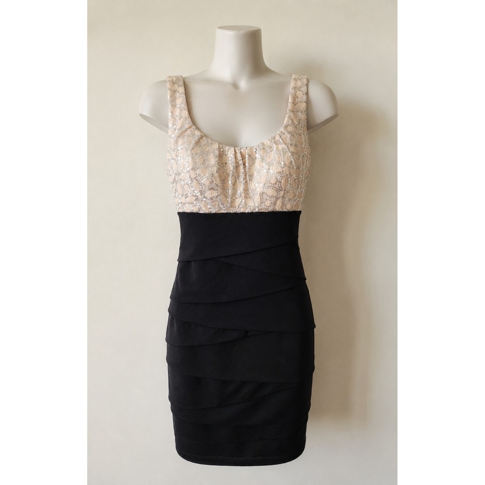 Deb Sleeveless Sequin Bodycon Mini Dress Black Silver Ruched Back Size M